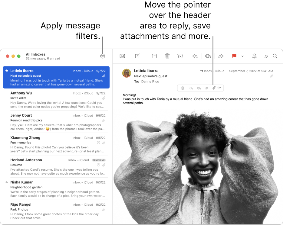 The Mail window. Click the Filter button in the toolbar to apply message filters. To reveal buttons for replying, saving attachments and more, move the pointer over the header area of a message.