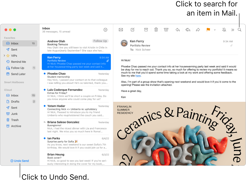 A Mail window showing the sidebar on the left. The Undo Send button is at the bottom of the sidebar.