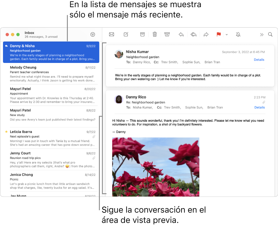 De este modo, en la lista de mensajes solamente se muestra el mensaje más reciente de cada conversación. Un número en el mensaje superior indica cuántos mensajes de la conversación se encuentran en el buzón actual. Siga la conversación en el área de previsualización.