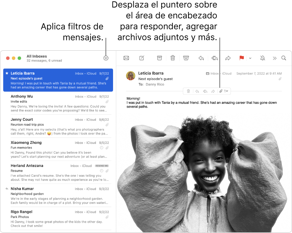 La ventana de Mail. Haz clic en el botón Filtro en la barra de herramientas para activar los filtros de mensajes. Para mostrar botones que permiten responder, guardar archivos adjuntos, etc., coloca el cursor sobre el área de cabecera de un mensaje.