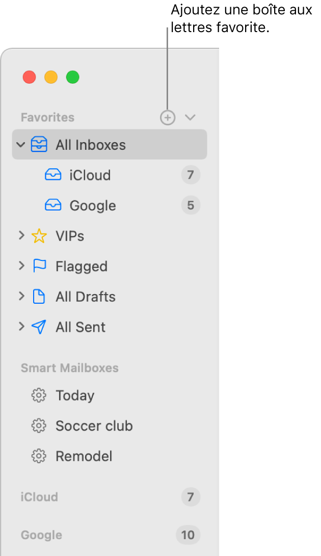 La barre latérale de Mail affichant plusieurs comptes et boîtes aux lettres, ainsi que des sections telles que Favoris et « Boîtes aux lettres intelligentes ». En haut de la barre latérale, cliquez sur le bouton à droite de Favoris pour ajouter une boîte aux lettres à cette section.
