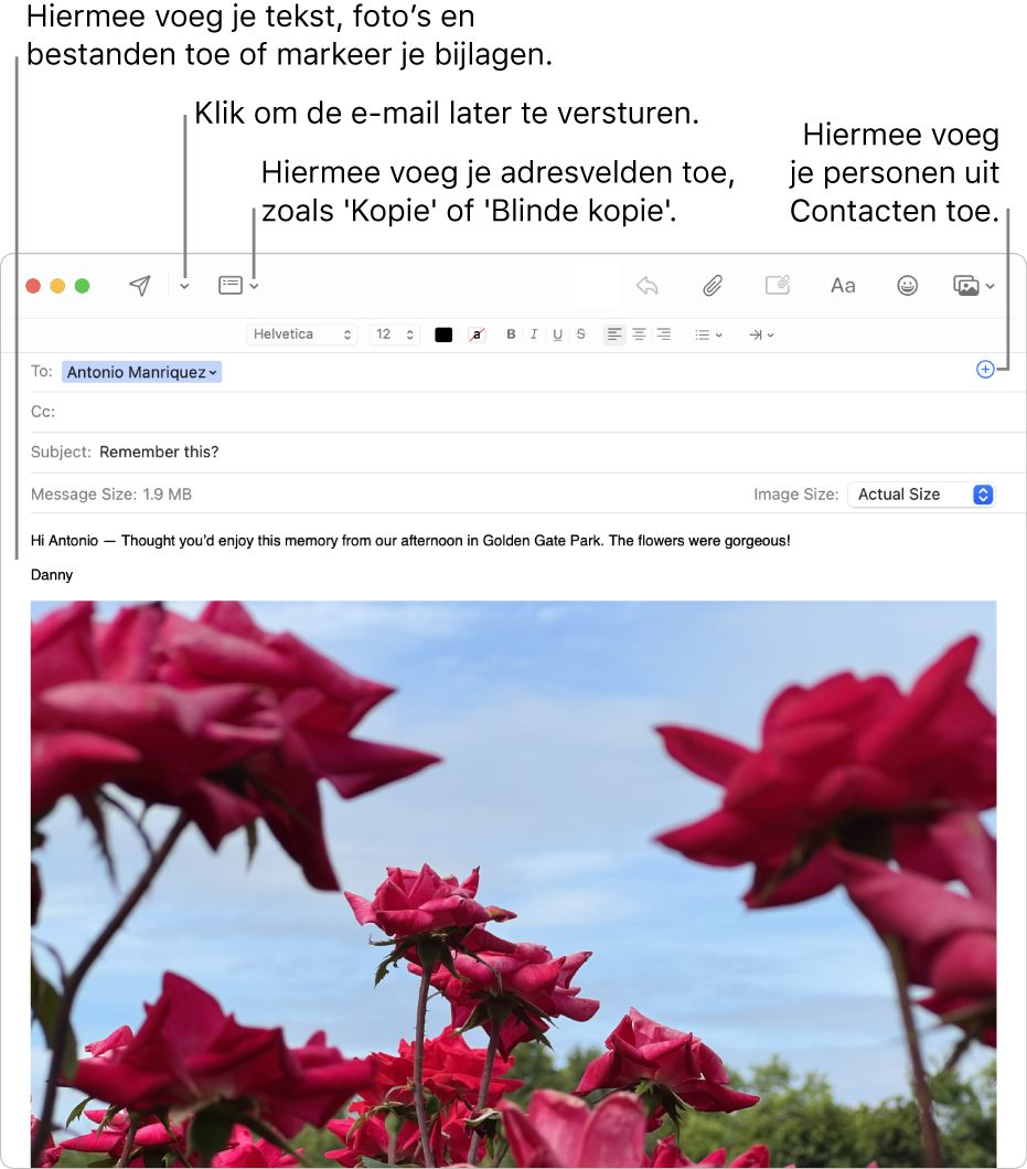 Een nieuw berichtvenster. Linksbovenin staan de knoppen 'Verstuur' en 'Koptekst'. Rechtsbovenin staat de knop met het plusteken, waarmee je personen uit Contacten kunt toevoegen. In de hoofdtekst van het bericht wordt een geannoteerde afbeelding weergegeven.