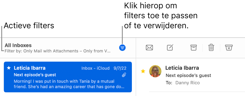 Het Mail-venster met boven de berichtenlijst de knoppenbalk waarin de toegepaste filters worden weergegeven, zoals 'Alleen van vip'.