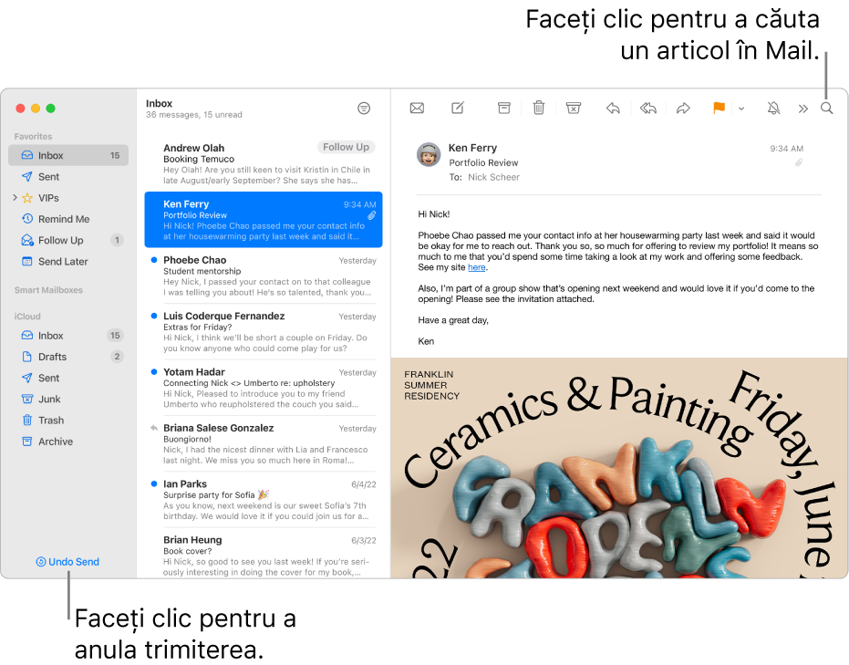 O fereastră Mail afișând bara laterală în stânga. Butonul “Anulează trimiterea” se află în partea de jos a barei laterale.