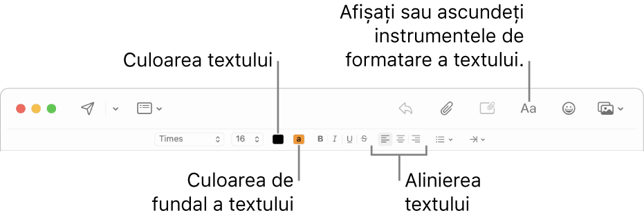 Bara de instrumente și bara de formatare dintr-o fereastră de mesaj nou indicând culoarea textului, culoarea fundalului textului și butoanele de aliniere a textului.