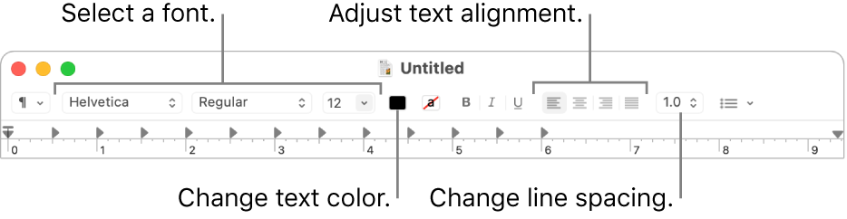 The TextEdit toolbar for a rich text document, showing the font and text alignment and spacing controls.