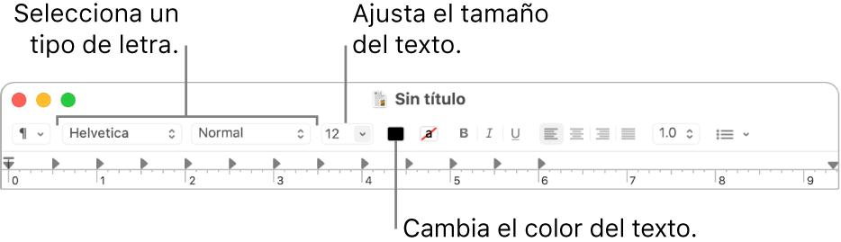 La barra de herramientas de TextEdit mostrando opciones para ajustar el tamaño, color y tipo de letra del texto.