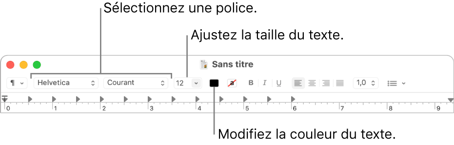 La barre d’outils de TextEdit présentant des options permettant d’ajuster la taille, la couleur et la police du texte.