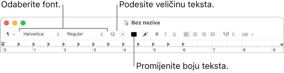 Alatna traka TextEdita pokazuje opcije kojima se podešava veličina, boja i font teksta.