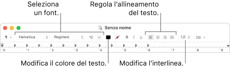 La barra degli strumenti di TextEdit per i documenti RTF che mostra i controlli di allineamento e spaziatura.