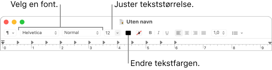 Tekstredigering-verktøylinjen viser valg for justering av tekststørrelse, farge og font.