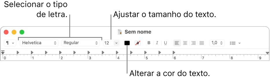 A barra de ferramentas do Editor de Texto a mostrar opções para ajustar o tamanho, a cor e o tipo de letra do texto.