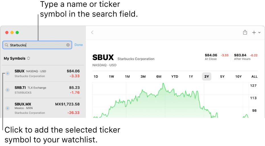 A Stocks window showing the search field, a list of search results and the Add to Watchlist button.