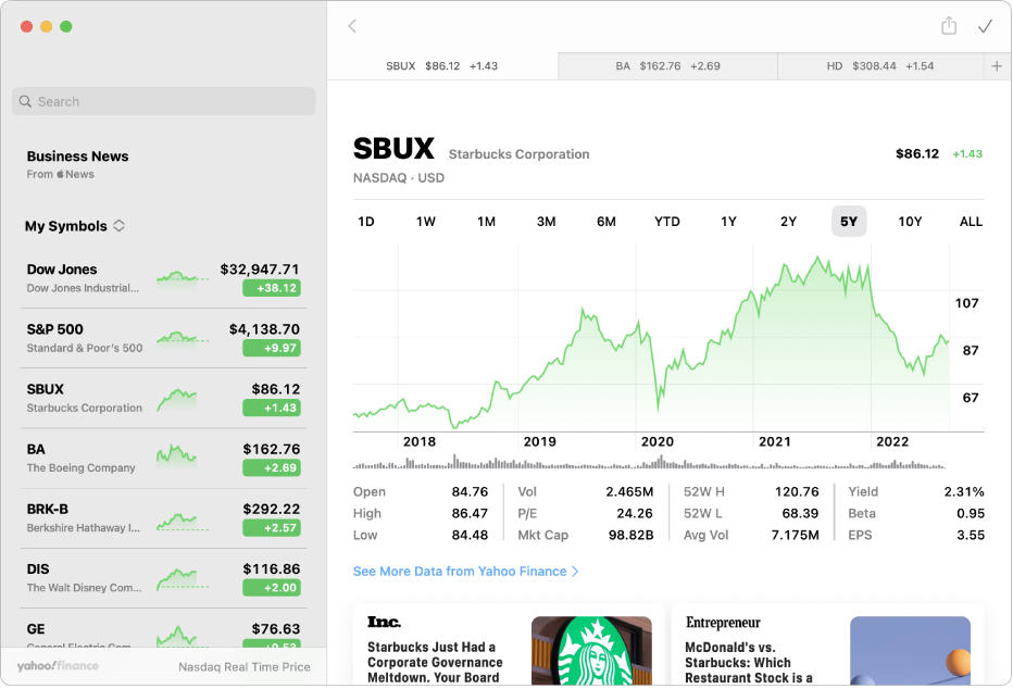 A Stocks window, showing the watchlist on the left, a chart in the upper right, and news headlines in the lower right.