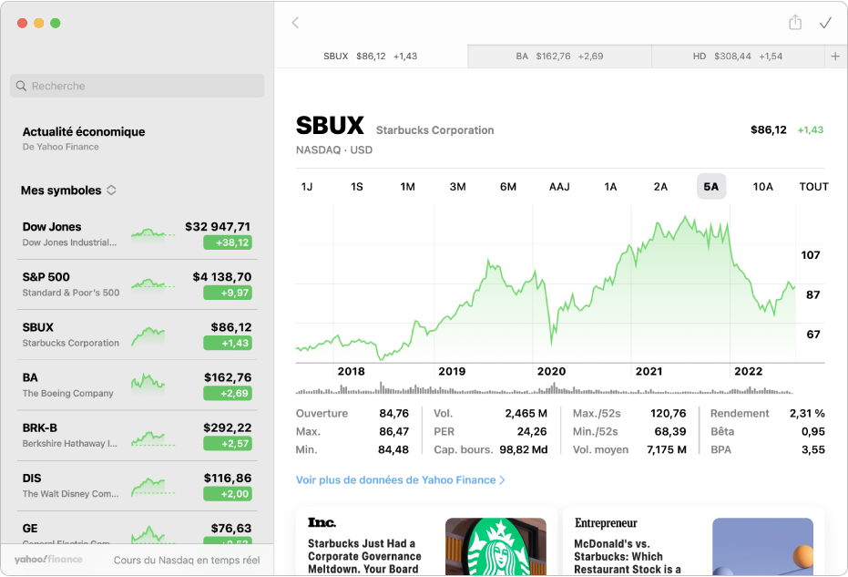 Fenêtre Bourse, affichant la liste de suivi sur la gauche, un graphique en haut à droite et les titres des actualités en bas à droite.