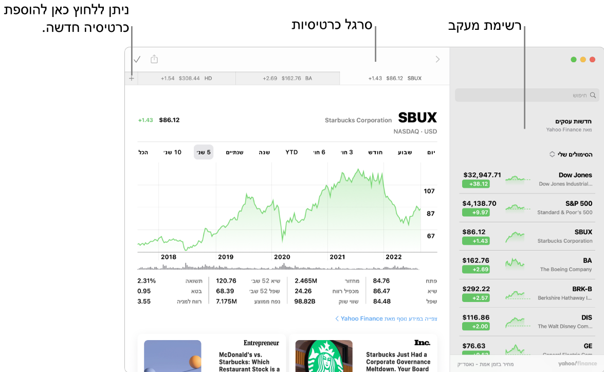 חלון ״מניות״ המציג את רשימת הצפייה מצד ימין, כשסמל מניה אחד נבחר והתרשים והזנת החדשות התואמים בחלונית השמאלית. לאורך החלק העליון של החלון מוצגות כרטיסיות של סימולי המניות שנבחרו. בנוסף, מוצג סימן חיבור שניתן להשתמש בו להוספת כרטיסיה חדשה.