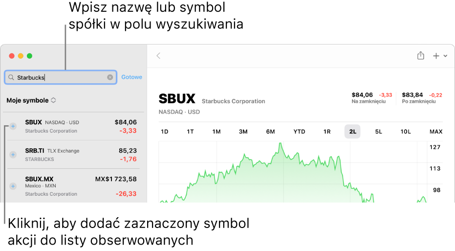Okno aplikacji Giełda z widocznym polem wyszukiwania, listą wyników wyszukiwania oraz przyciskiem Dodaj do obserwowanych.