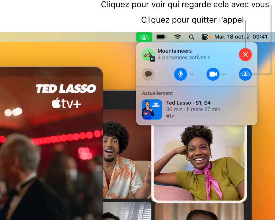 Les commandes de SharePlay affichées dans la barre des menus