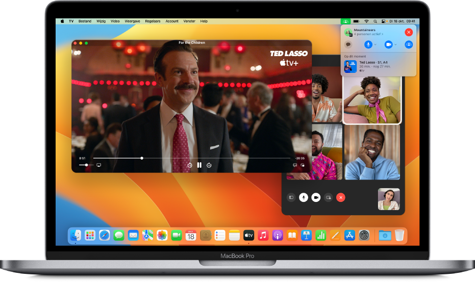 SharePlay op een Mac met de Apple TV-app en een actief FaceTime-gesprek.