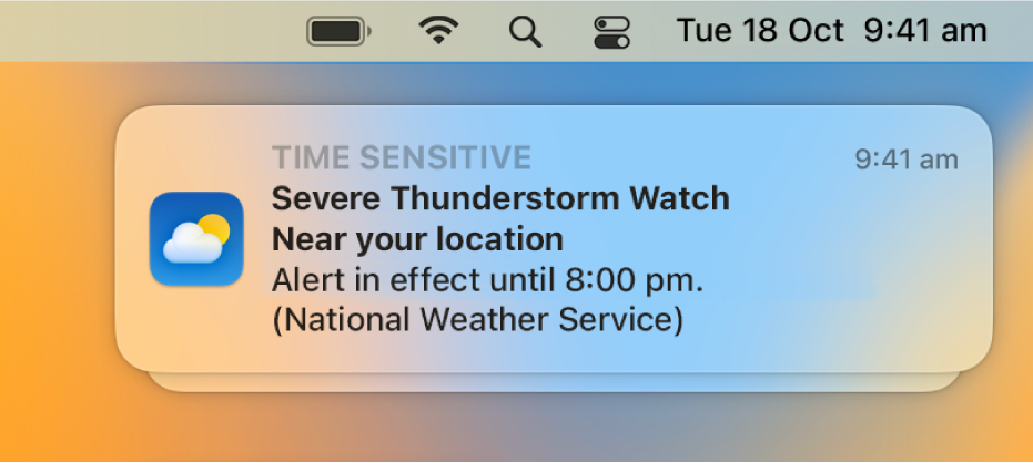 A notification showing an alert from the National Weather service about a severe thunderstorm.