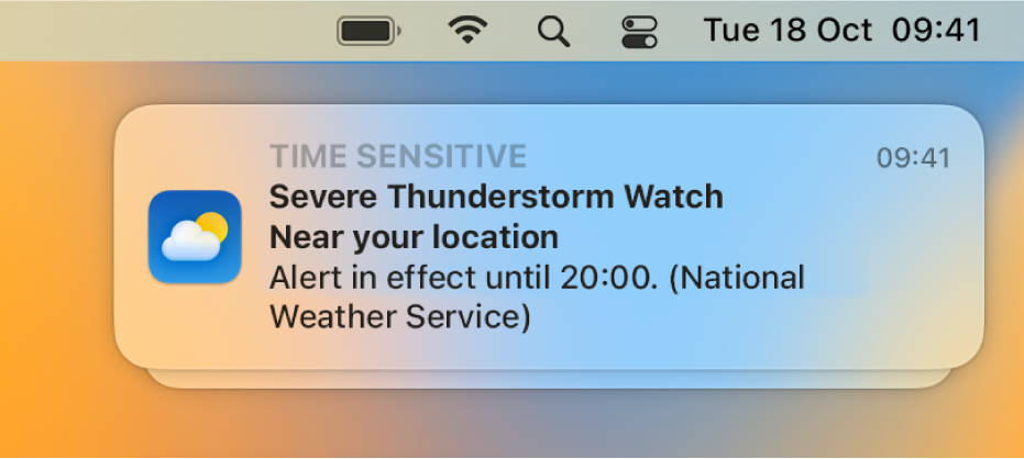 A notification showing an alert from the National Weather service about a severe thunderstorm.