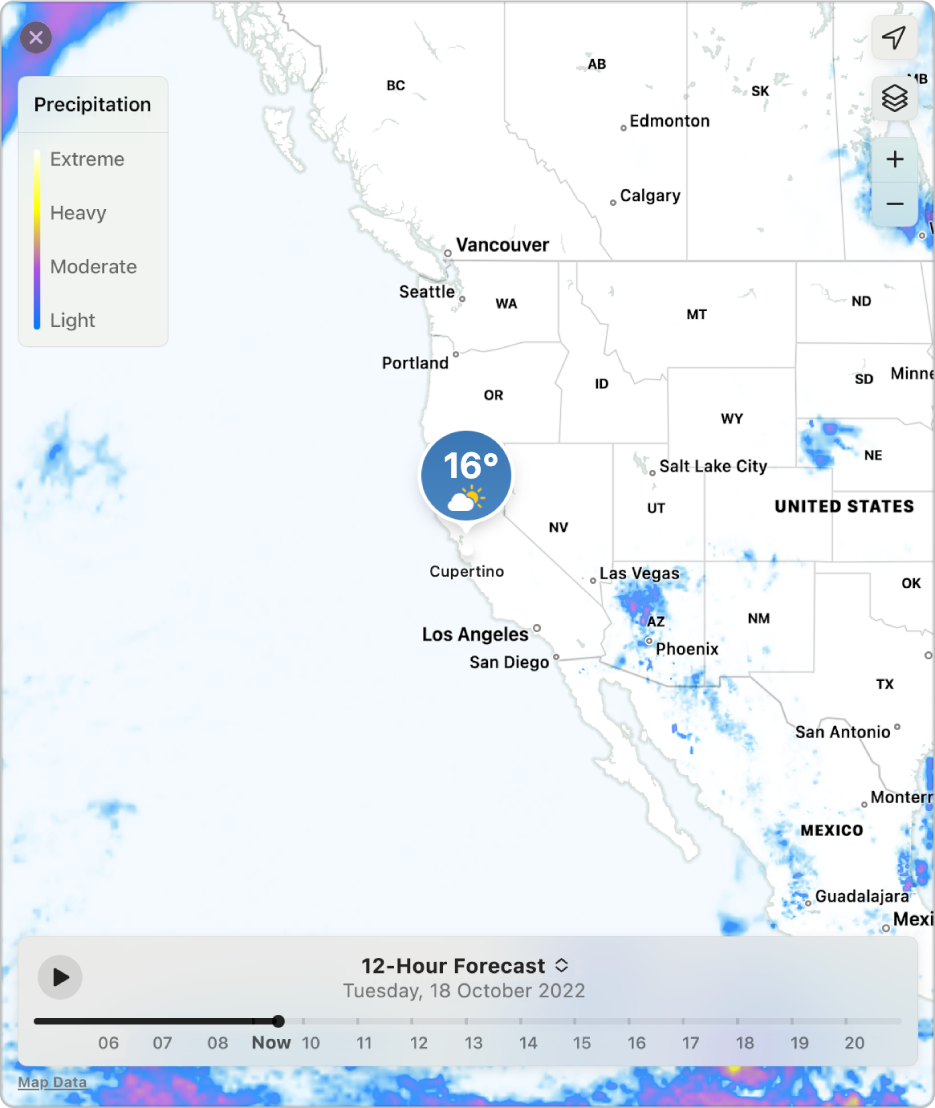 A detailed map showing the precipitation forecast for Cupertino, California.