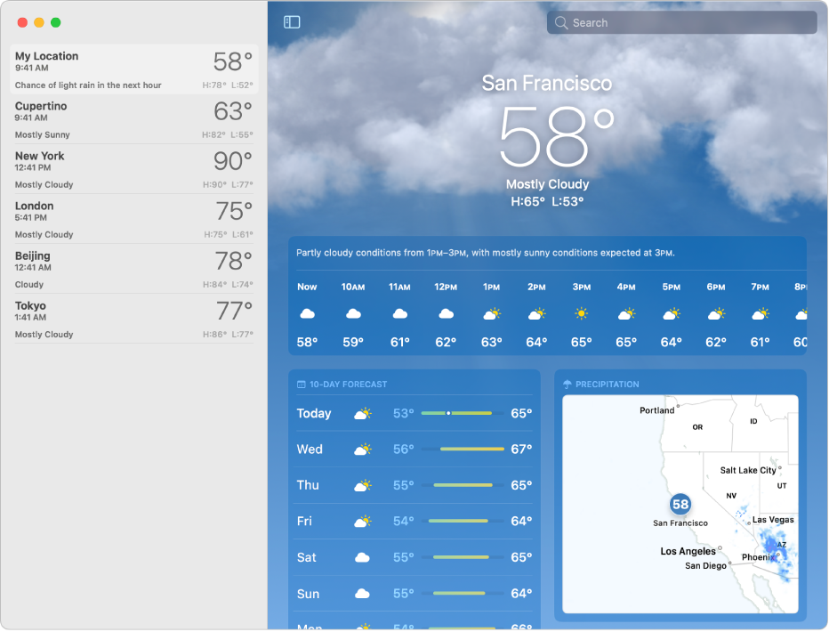 The Weather window with the sidebar open. The sidebar contains a brief summary of the weather in various locations. The main window on the right displays the weather forecast and conditions for the current location, including current temperature, high and low temperatures for the day, precipitation forecast, hourly forecast, 10-day forecast, and air quality data.