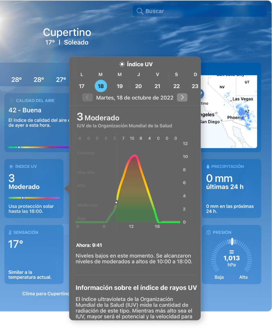 La ventana de Índice UV mostrando una gráfica del índice UV solar mundial (IUV) de la Organización Mundial de la Salud a lo largo del día, así como una descripción de la información.