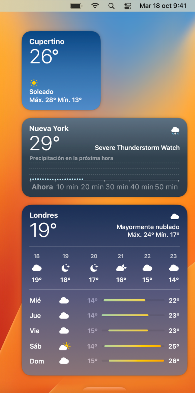 Widgets de Tiempo pequeños, medianos y grandes.