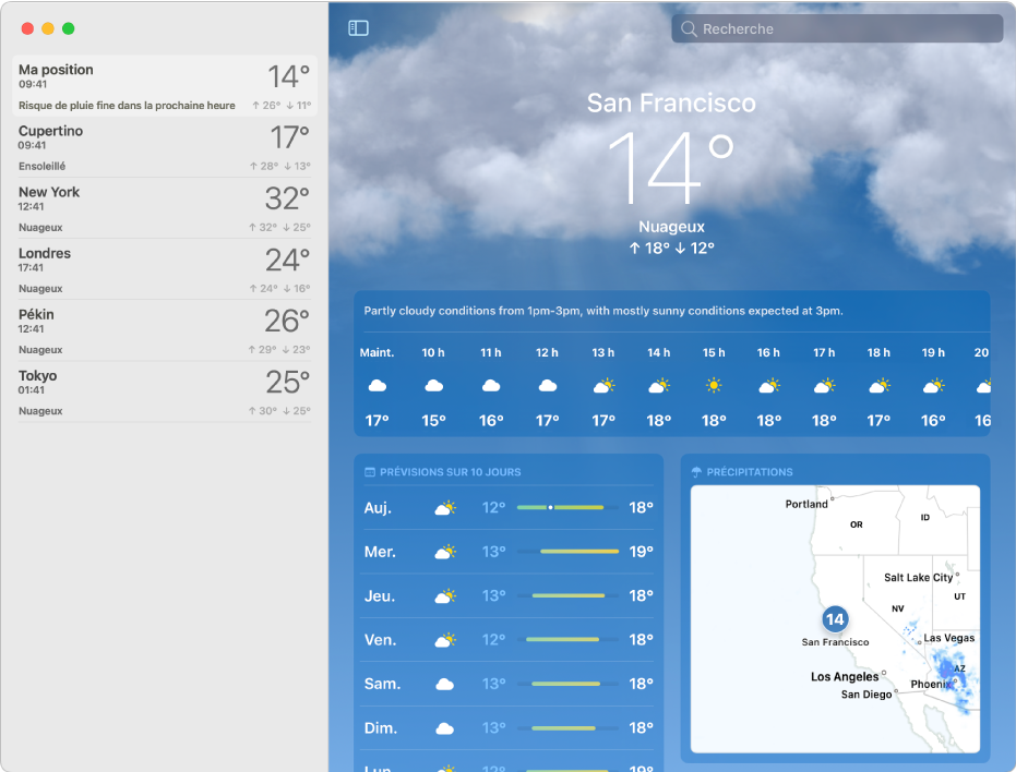 La fenêtre Météo avec la barre latérale ouverte. La barre latérale contient un bref résumé de la météo dans divers lieux. La fenêtre principale sur la droite affiche les prévisions et les conditions météo pour le lieu actuel, avec la température actuelle, la température minimale et maximale de la journée, les prévisions des précipitations, les prévisions horaires, les prévisions sur 10 jours et des données sur la qualité de l’air.