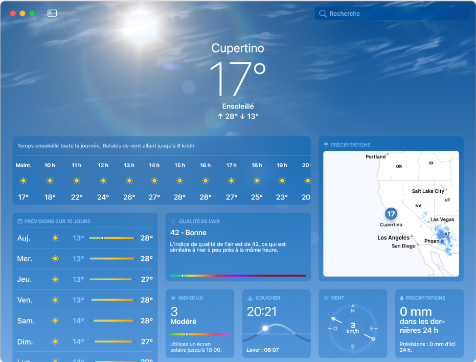 L’écran Météo affichant la température actuelle, les températures minimales et maximales de la journée, les prévisions horaires, les prévisions sur 10 jours, un plan des précipitations et des données relatives à la qualité de l’air, le lever du soleil, le vent et la quantité de précipitations.