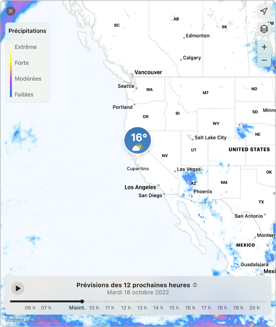 Un plan détaillé affichant les prévisions pour les précipitations à Cupertino, en Californie.