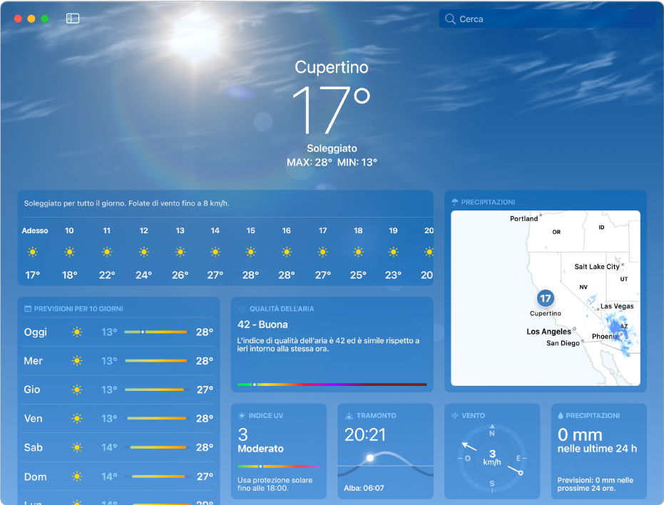 La schermata di Meteo che mostra la temperatura attuale, le temperature massime e minime della giornata, le previsioni orarie, le previsioni a 10 giorni, una mappa delle precipitazioni e dati sulla qualità dell'aria, il tramonto, il vento e la quantità di precipitazioni.