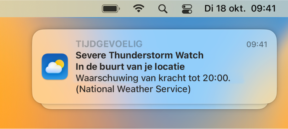 Een melding met een waarschuwing van de National Weather Service over een zware onweersbui.