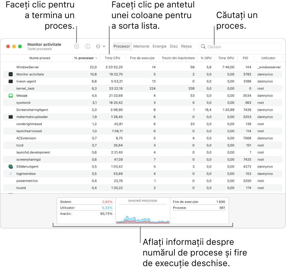 Fereastra Monitor activitate indicând activitatea procesorului. Pentru a termina un proces, faceți clic pe butonul Terminare forțată, în colțul stânga sus. Pentru a sorta datele după coloană, faceți clic pe antetul de coloană. Pentru a căuta un proces, introduceți numele în câmpul de căutare. În partea de jos a ferestrei, consultați informațiile despre numărul de procese și fire deschise.