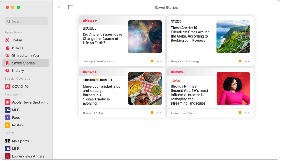 The Apple News window showing Saved Stories selected in the sidebar and four saved stories arranged in a grid on the right.