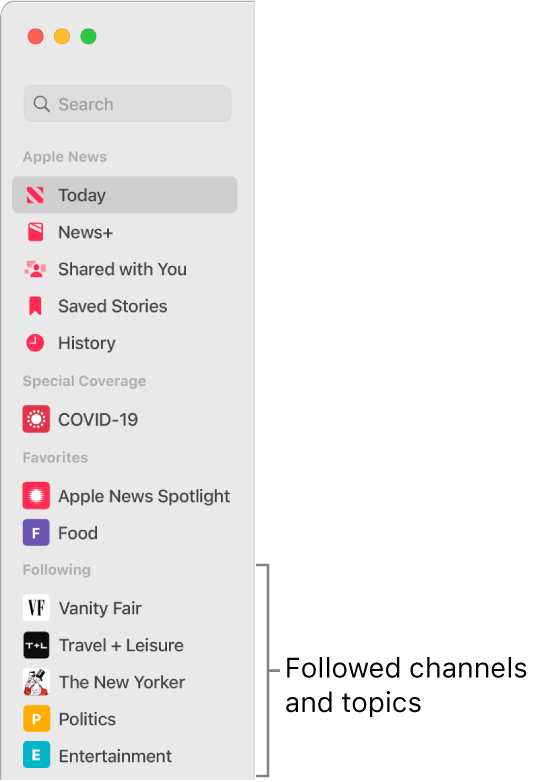 The Apple News sidebar showing followed channels and topics.