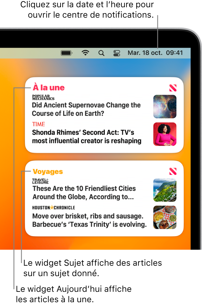 Les widgets Aujourd’hui et Sujet dans le centre de notifications.