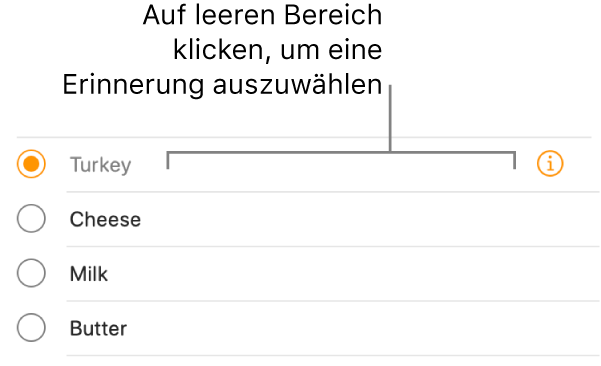 Klicke auf den leeren Bereich rechts neben dem Namen einer Erinnerung, um die Erinnerung auszuwählen.