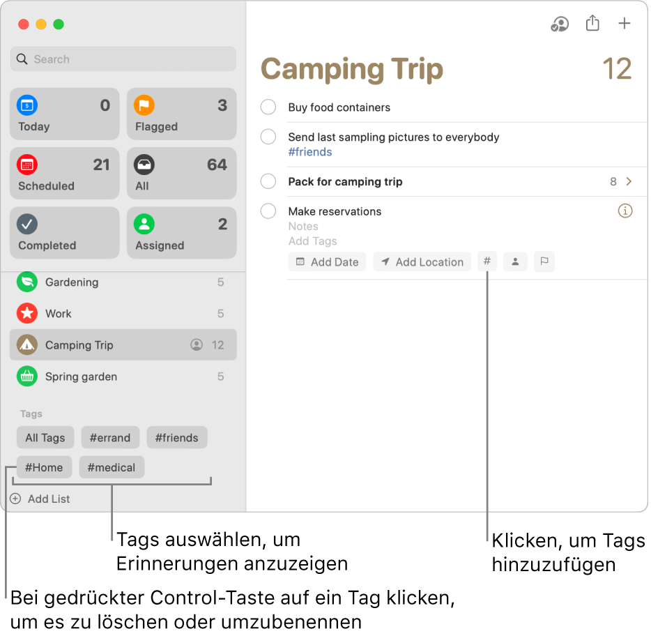 Ein Fenster „Erinnerungen“ zeigt mehrere Tags in der Seitenleiste sowie eine Erinnerung, auf die ein Tag angewendet wurde.