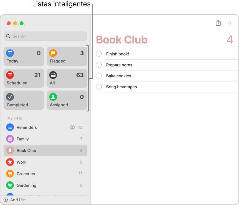 Una ventana de Recordatorios mostrando las listas inteligentes en la barra lateral.
