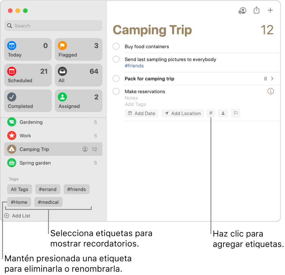 Una ventana de Recordatorios mostrando varias etiquetas en la barra lateral y un recordatorio que tiene una etiqueta aplicada.