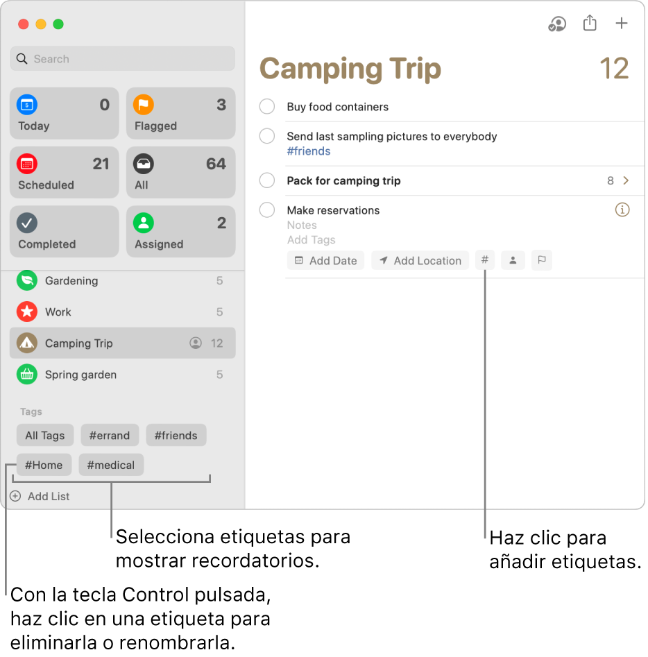 Una ventana de Recordatorios, con varias etiquetas en la barra lateral y un recordatorio al que se le ha aplicado una etiqueta.