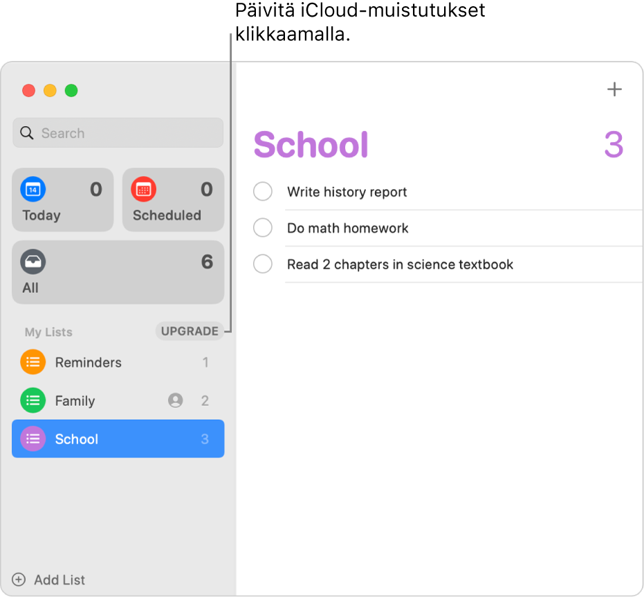 Muistutukset-ikkuna, jonka sivupalkissa näkyy päivityspainike.