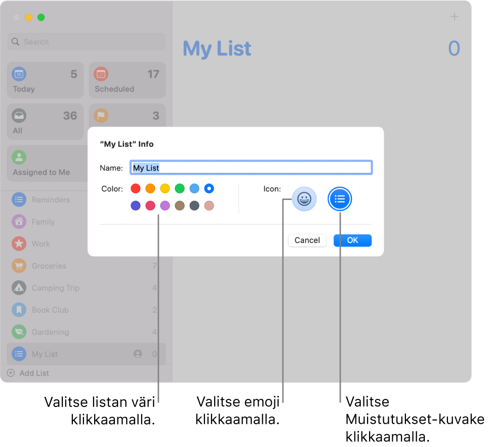 Muistutuslistan Tiedot-valintaikkuna, jossa näkyvät väriruudut ja kuvakepainikkeet.