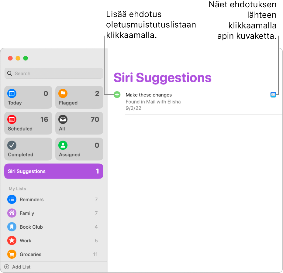 Muistutukset-apin Siri-ehdotukset-lista, jossa näkyy yksi Mail-apin ehdottama muistutus.