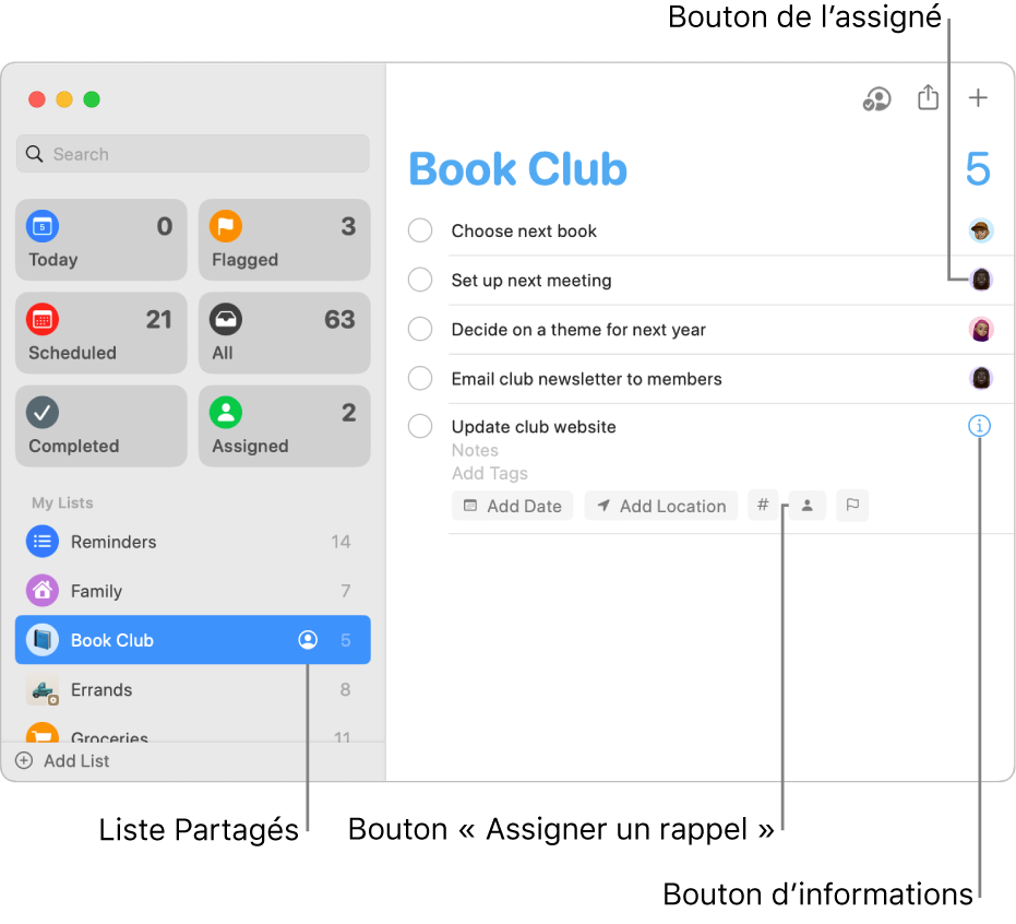 Une fenêtre Rappels affichant une liste partagée avec des rappels assignés.