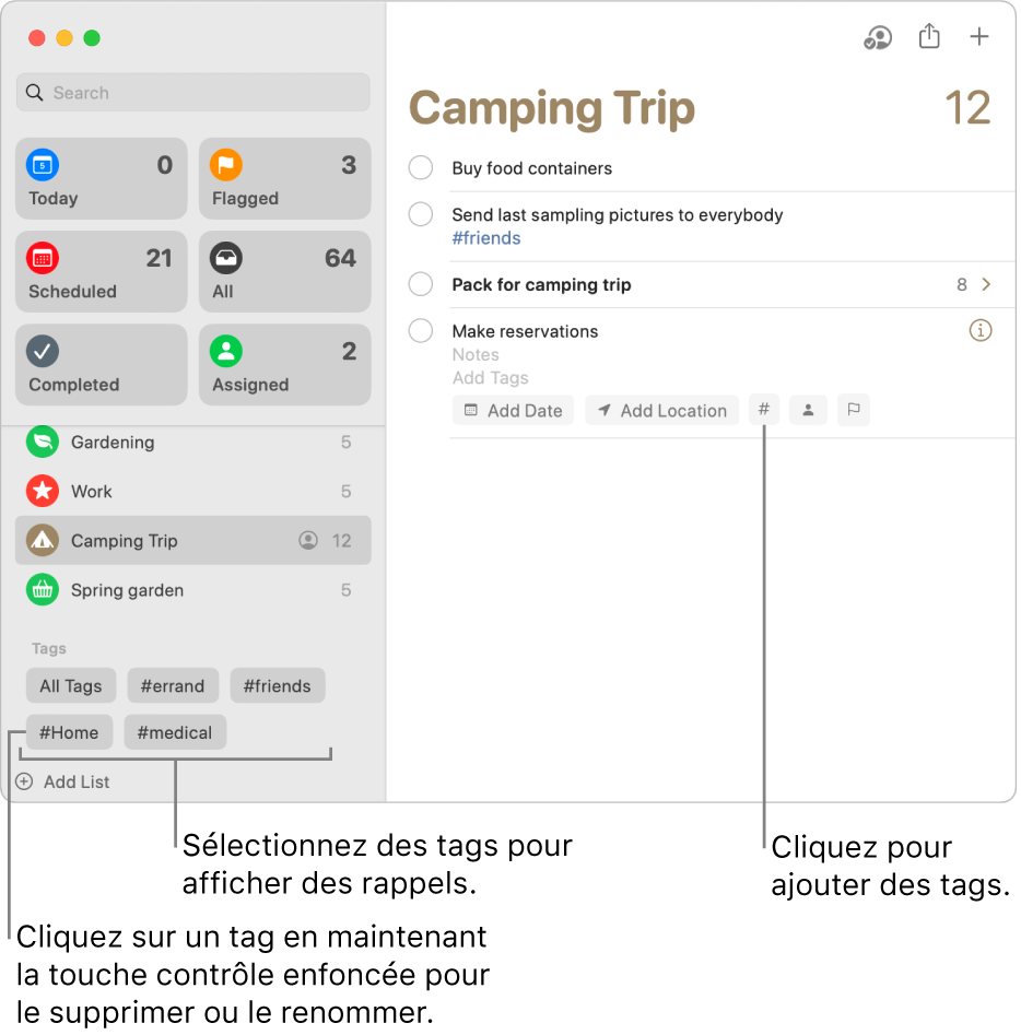 Une fenêtre Rappels affichant plusieurs tags dans la barre latérale et un rappel auquel un tag est appliqué.