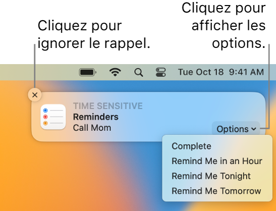 Une notification de rappel avec les boutons Terminer et Plus tard.