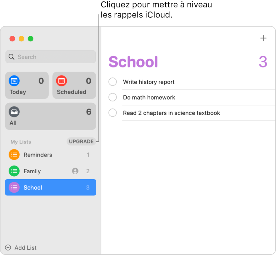 Une fenêtre Rappels, affichant le bouton « Mettre à niveau » dans la barre latérale.